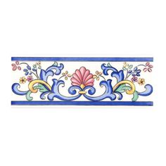 a blue and white tile border with floral designs on the edges, in different colors