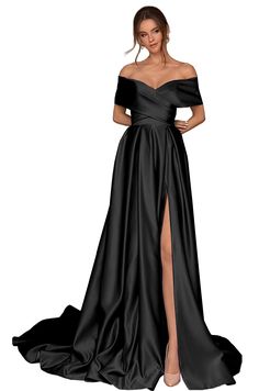 PRICES MAY VARY. This off the shoulder satin dress features criss cross bodice, high side slit/split, adjustable lace up/corset back closure, built in bra, a-line silhouette, floor length with sweep small train. How to Choose Size: Please refer to Our Size Chart that follows dress images. If you want the dress to be customized, choose the size closest to your own size and email us the measurements of bust, waist, hips, hollow to floor, height and heels. There is No Extra Charge for custom servic Off The Shoulder Prom Dresses, Ball Gown, Prom Dress, Off The Shoulder, Prom Dresses, Prom, Satin, Dresses, Black