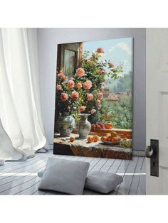 a painting on the wall of a room with flowers in vases and fruit outside