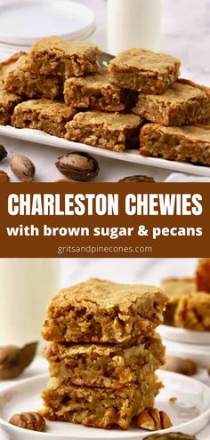 three different views of food on plates with text overlay that reads, charleston chewies with brown sugar & pecans