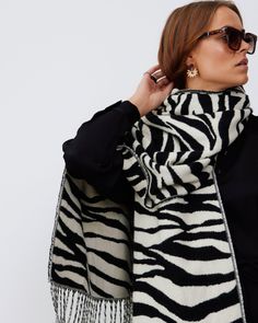 Jacquard scarf woven in a black and ivory zebra pattern, with twisted tassels and a midweight feel. Zebra Scarf, Zebra Pattern, White Zebra, Scarf Styles, Aesthetic Fashion, A Black