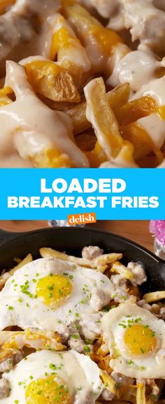 loaded breakfast fries in a skillet with an egg on top and another image of fried eggs