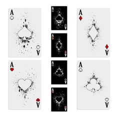 playing cards with black and white ink splattered on the front, back and sides