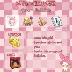 the menu for sanrio challenge is shown in pink and white checkerboard pattern