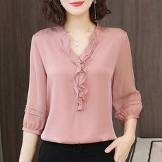 Half Lantern Sleeve V-Neck Ruffles Blouse – Global Fashions GC Winter Blouses, Chiffon Shirt Blouse, Chiffon Blouses, Pleated Blouse, Women's Blouses, Loose Shirts, Women Shirts Blouse, Chiffon Blouse, Lantern Sleeve