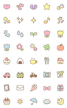 the icons are drawn in different colors and sizes, including pink, blue, green, yellow