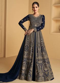 Buy Navy Blue Embroidered Anarkali Dress With Lehenga In Canada Long Anarkali Gown, Silk Anarkali Suits, Anarkali Lehenga, Gown With Dupatta, Long Anarkali, Designer Anarkali Suits, Party Wear Gown, Gaun Fashion, Designer Anarkali