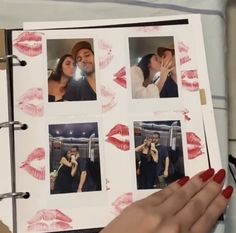 a person holding an open photo album with pictures of people kissing and lipstick on it