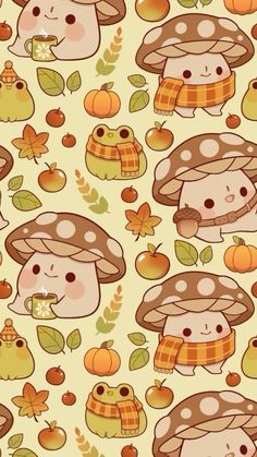 an image of mushrooms and pumpkins on a yellow background for wallpaper or fabric