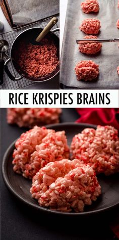 rice krispies brain cookies on a baking sheet and in a pan with spoons