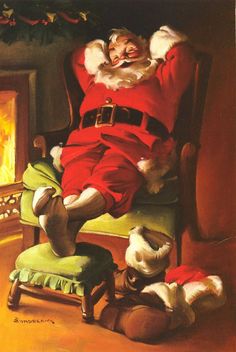 a painting of santa claus sitting in a chair with his feet up on a stool