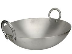 a large metal bowl with handles on an isolated white background