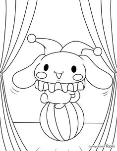 a cartoon bunny sitting on top of a ball with its mouth open and tongue out