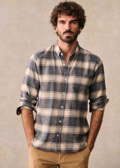 Checked Flannel Charlie Shirt - Ecru / Grey - Cotton - Octobre Éditions Classic Flannel Shirt In Relaxed Fit, Classic Flannel Shirt With Relaxed Fit, Classic Long Sleeve Flannel Shirt With Welt Pockets, Classic Flannel Shirt With Button Closure, Classic Flannel Button-up Shirt, Classy Suits, Denim Suit, Polo Sweatshirt, Men's Button Down Shirt