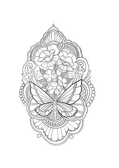 a black and white drawing of flowers in the middle of a flower arrangement with butterflies on it