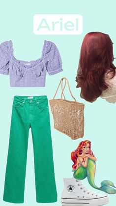 ariel from the little mermaid is wearing green pants and white shoes with her handbag