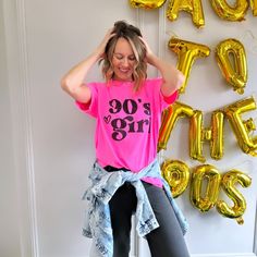 Part of our Nostalgia Vault! Printed with ink on our 100% cotton neon pink Comfort Colors tee. 90s Slogan T-shirt In Pink, Casual Neon T-shirt With Screen Print, Pink Fun Top With Text Print, Fun Pink T-shirt With Text Print, Pink 90s Slogan Tops, 90s Pink Slogan Tops, 90s Slogan Pink T-shirt, 90s Style Pink Slogan Tops, 90s Style Pink T-shirt With Letter Print