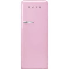 a pink refrigerator freezer sitting on top of a white counter