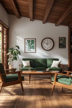 a living room filled with furniture and a clock mounted to the wall above it's windows