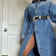 A Bit Western Size:Xl (I’m A S In Bust Xl In Bottoms) It Comes With The Belt Which Is Xl Belt Is Included Blue Long Sleeve Belted Denim Dress, Button-up Belted Denim Dress, Long-sleeved Denim Dress With Buttons, Denim Dress With Cowbiy Boots, Blue Button-up Denim Dress With Button Closure, Dresses Western, Navy Blue Midi Dress, Western Jeans, Black Dresses Classy