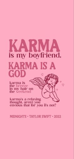 a pink book with the words karma and an image of a cupid angel on it