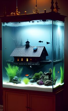 an aquarium filled with fish and algaes in front of a wooden cabinetd wall