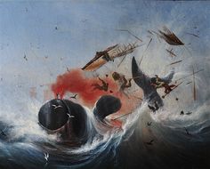 an oil painting of birds flying over a boat in the ocean with people on it