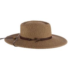 Classy gaucho style hat with flat brim, 4" wide. Sunken crown with straight sidewalls. Faux suede band with waxed cord tie accent. Faux leather chin strap. Adjustable drawstring inside crown. UPF 50+ sun protection hat. One size. 100% toyo braid Adjustable Fedora With Braided Detail And Flat Brim, Adjustable Flat Brim Braided Fedora, Adjustable Braided Fedora With Flat Brim, Adjustable Braided Fedora, Adjustable Brown Boater Hat With Flat Crown, Adjustable Braided Fedora Hat, Brown Leather Fedora, Casual Adjustable Braided Boater Hat, Casual Braided Boater Hat