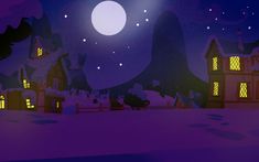 an animated scene with houses in the snow at night