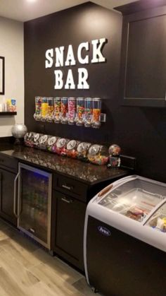 the snack bar is stocked with snacks and drinks