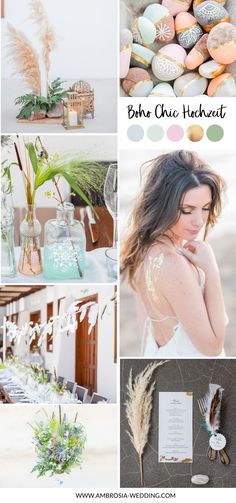 a collage of photos with flowers, feathers and other things to do on the table