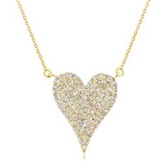 14K yellow gold diamond heart necklace from the Reis-Nichols Collection. The necklace features 33 round brilliant cut diamonds weighing .13 ctw. The necklace measures 18" in length. Gold Diamond Accented Heart-shaped Necklace, Gold Heart-shaped Diamond Necklace With Accents, Yellow Gold Heart-shaped Cubic Zirconia Diamond Necklace, Gold Heart Diamond Necklace With Accents, Heart-shaped Yellow Gold Cubic Zirconia Diamond Necklace, Gold Heart Necklace With Single Cut Diamonds, Heart-shaped Yellow Gold Cubic Zirconia Necklace, Heart-shaped Cubic Zirconia Diamond Necklace In Yellow Gold, Gold Heart-shaped Brilliant Cut Diamond Necklace