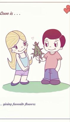 a boy giving flowers to a girl on valentine's day, with the caption love is