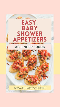 an easy baby shower appetizers recipe on a white plate with pink and yellow background