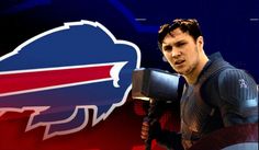 a man holding an ax in front of a buffalo logo