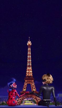 two cartoon characters are sitting in front of the eiffel tower at night,