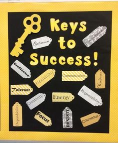 a bulletin board with keys to success written in yellow and black on it, surrounded by words that spell out key's to success