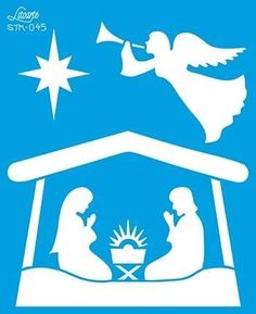 a blue and white christmas card with an image of two people in the manger