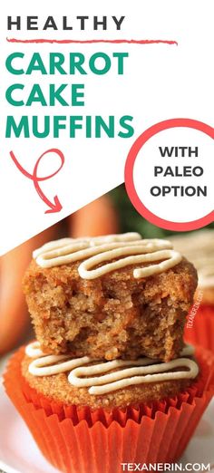 healthy carrot cake muffins with palen option on a white plate and text overlay