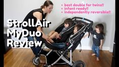 a woman pushing a stroller with two children in it and the words stollair my duo review