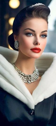 a woman in a black dress and white fur stoler with jewels on her neck