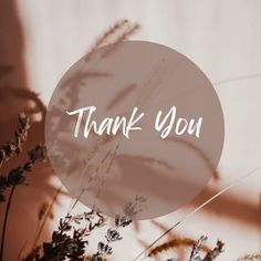 the words thank you are written on a round white sign in front of some dried plants