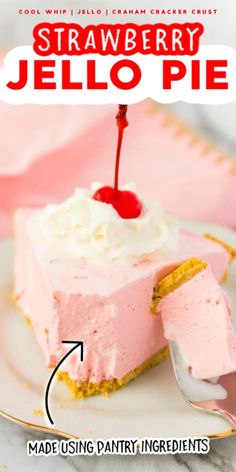 a piece of strawberry jello pie on a white plate with a cherry on top