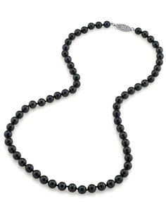 This beautiful Akoya pearl necklace ranges between 6.0-6.5mm in size and consists of pearls with an 'excellent' grade luster and clean surface. Our AA+ quality meets The Pearl Source's stringent standards for high quality pearls and are offered at a very affordable price. All pearls in this necklace are round and are strung with silk thread and double-knotted between each pearl. This necklace comes standard with a beautiful 14K gold clasp, though premium clasps can be selected for an additional Black Pearl Necklace With Round Bead Pendant, Black Pearl Necklace With Pearl Pendant, Classic Black Necklace With Pearl Pendant, Black Single Strand Pearl Necklace, Classic Black Pearl Chain Necklace, Black Pearl Necklace For Formal Occasions, Formal Black Pearl Necklace, Formal Pearl Necklace With Gemstone Beads, Classic Black Single Strand Pearl Necklace