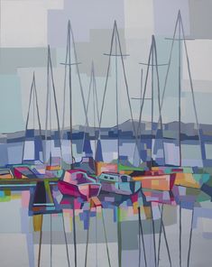 an abstract painting of boats in the water