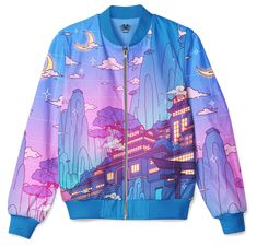 Even Greats Fall Bomber Jacket – Vapor95 Cheap Multicolor Streetwear Outerwear, Blue Relaxed Fit Outerwear With Graphic Print, Blue Graphic Print Relaxed Fit Outerwear, Galaxy Jacket, Vaporwave Clothes, Blue Relaxed-fit Graphic Outerwear, Vaporwave Clothing, Colorful Jacket 90s, Pastel Punk