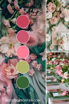 the wedding table is decorated with pink and green flowers, greenery and napkins