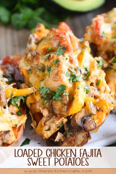 loaded chicken fajita sweet potatoes on a plate