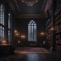 an empty library with many bookshelves and candles on the floor in front of large windows