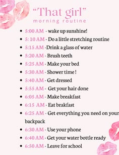 "That girl" morning routine ( 7: AM version" ) 🌺🎀✨ Work Out Morning Routine, 7 Am School Morning Routine, That Girl 6am Morning Routine, Five Am Morning Routine, Clean Girl Morning Routine School, It Girl Morning Routine School, School Morning Routine List